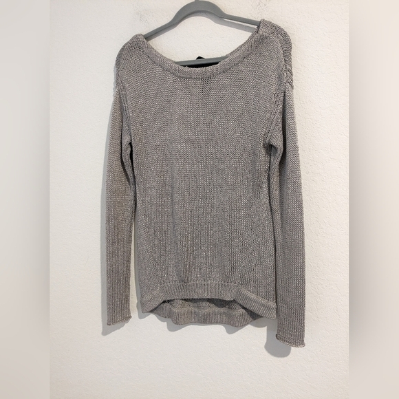 Diane Von Furstenberg Silver Metallic Shiny Open Knit Boat Neck Long Sleeve Top - Picture 5 of 13